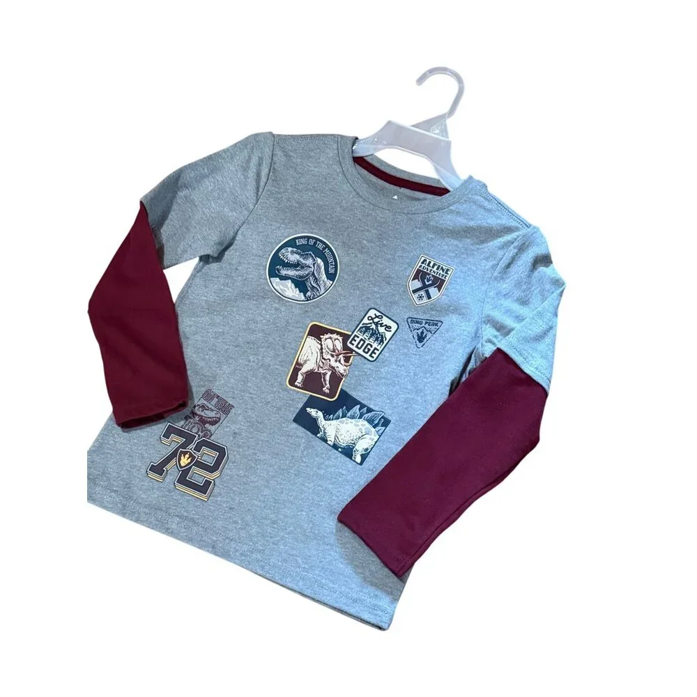 NWOT Garanimals Casual 365 Kids Gray Burgundy Long Sleeve Dinosaur Graphic Tee 6